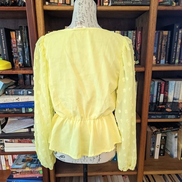 peach yellow v neck sheer puff long sleeve blouse sz s euc - Picture 2 of 5
